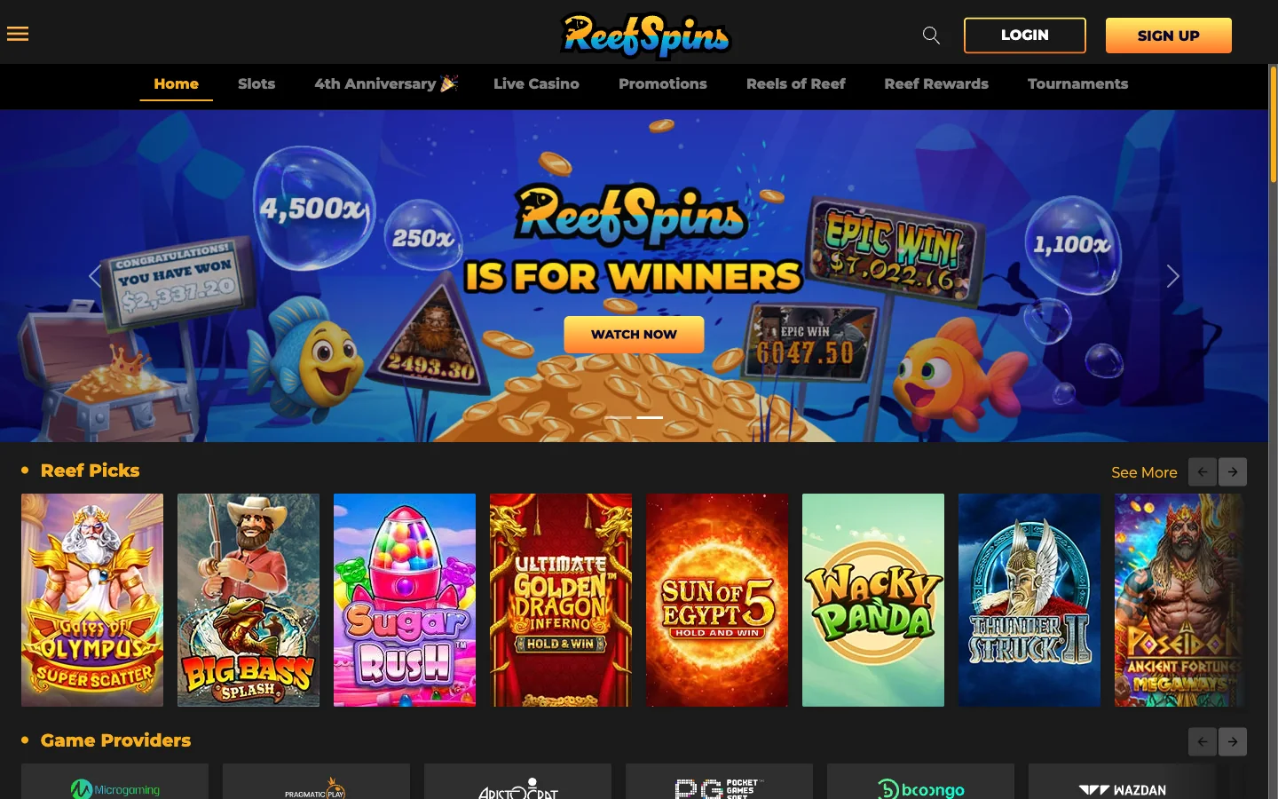 Reef Spins pokies lobby in Australia showing game tiles and the game providers strip